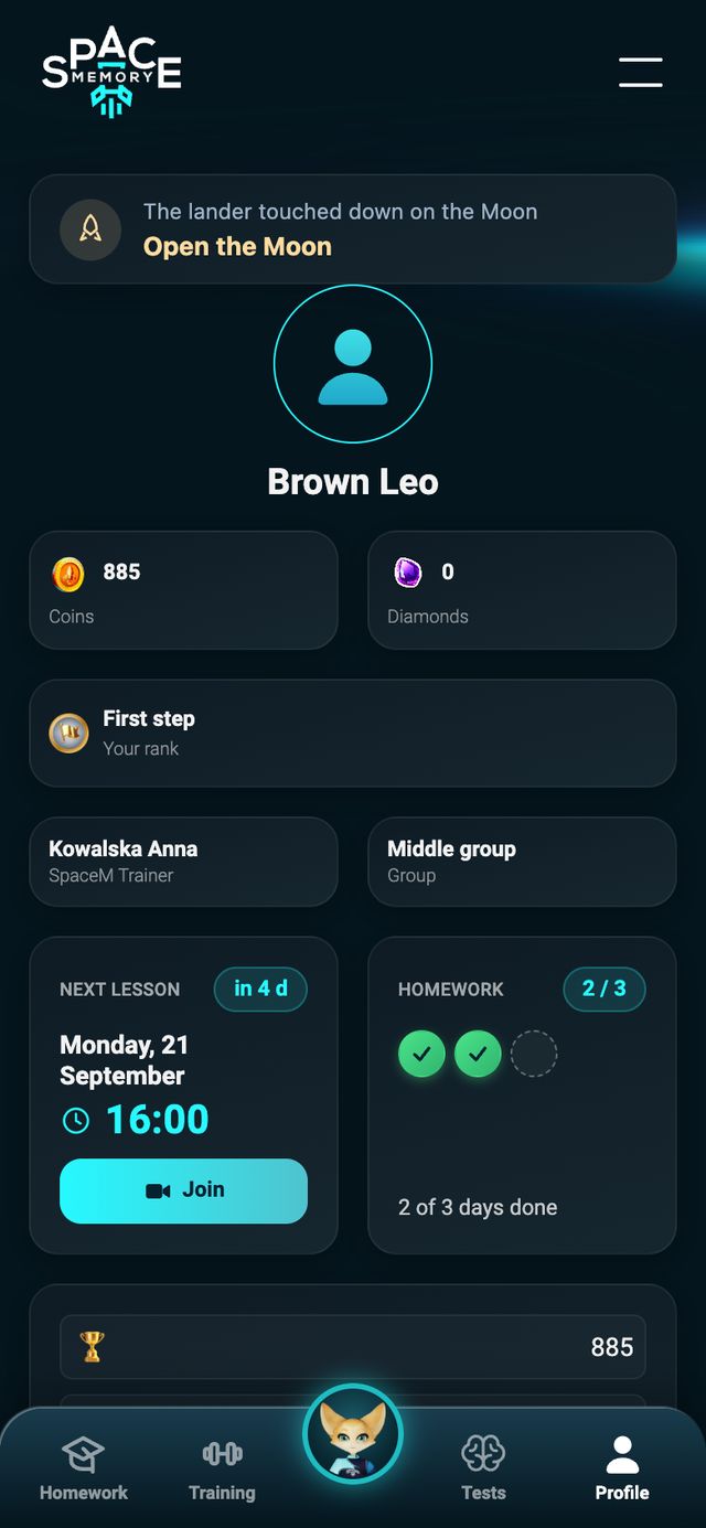 Account home: next lesson and tasks